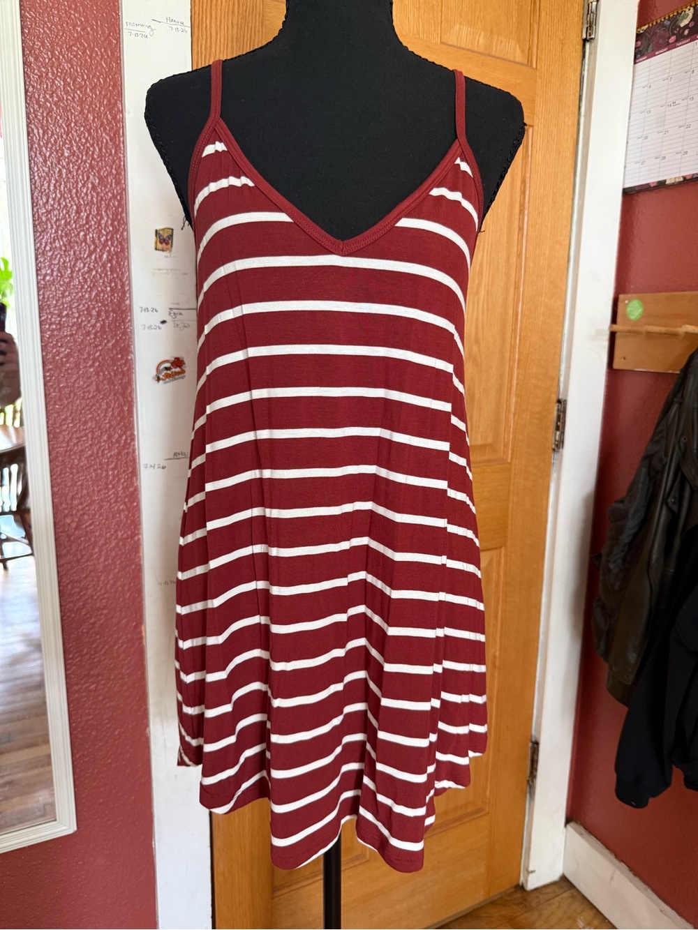 Zenana Outfitters Maroon & White Striped V-Neck Cami Dress